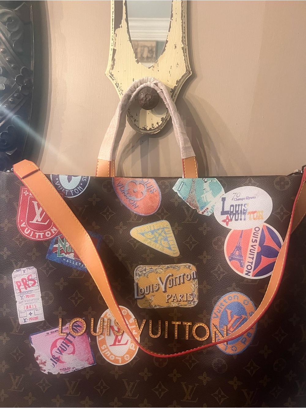 Louis Vuitton style Brown Monogram Sticker-Print Tote - Picture 7 of 11